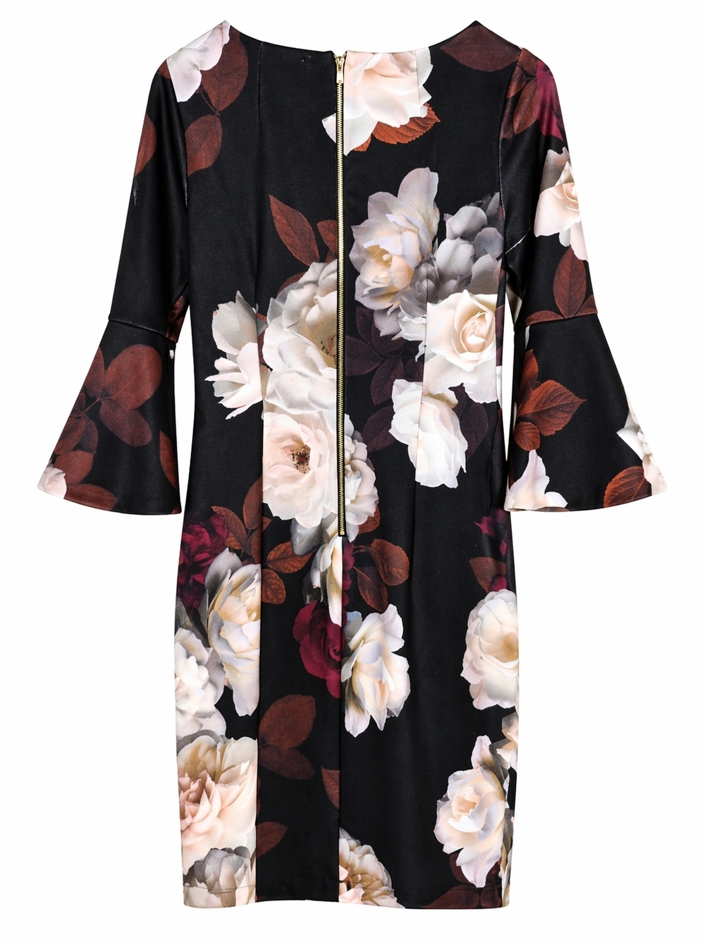 Calvin Klein Black Midi Dress with Cream & Burgundy Floral Print - Picture 2 of 5